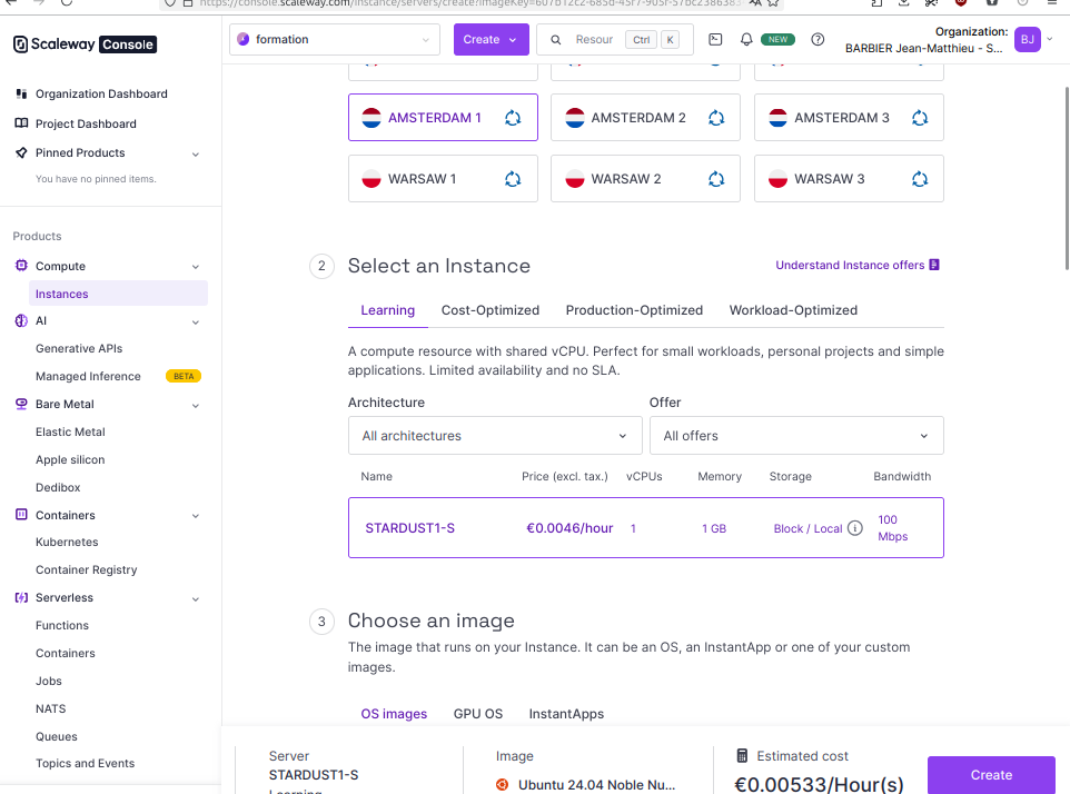 Sélection d'une instance STARDUST