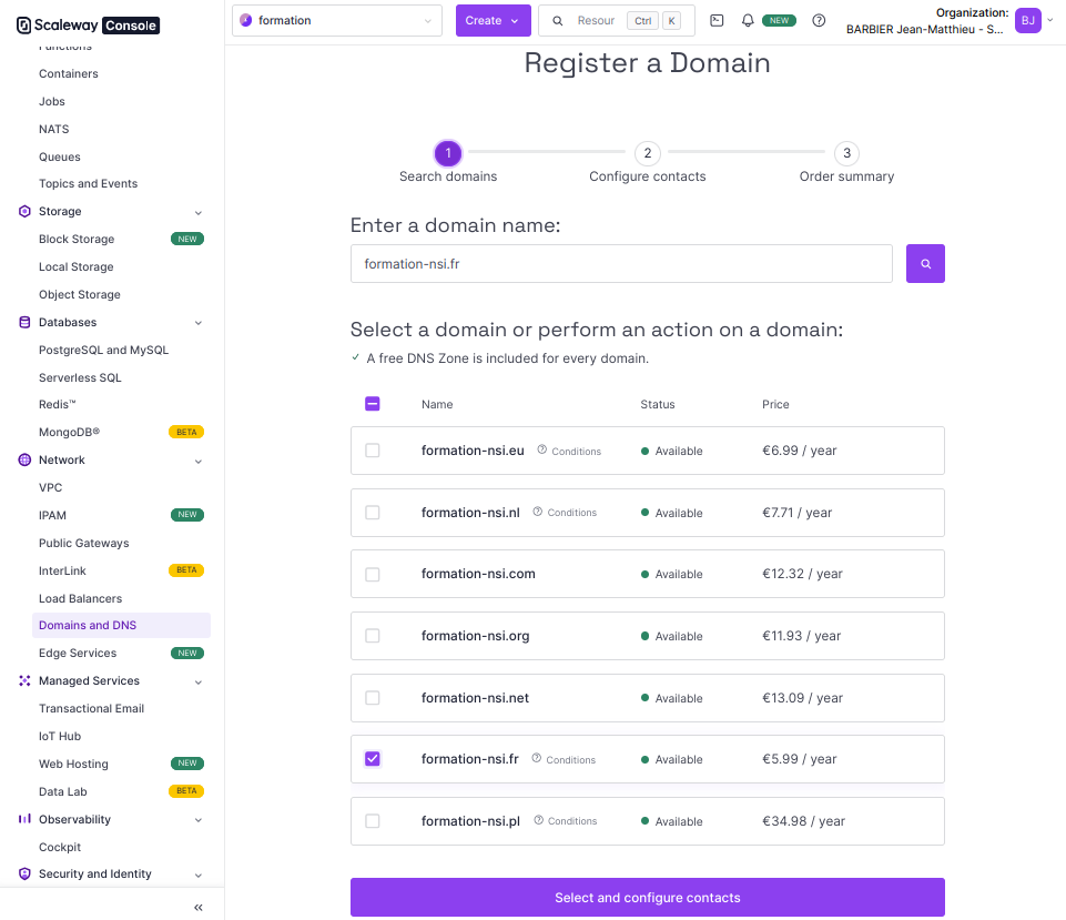Acheter un nom de domaine chez scaleway