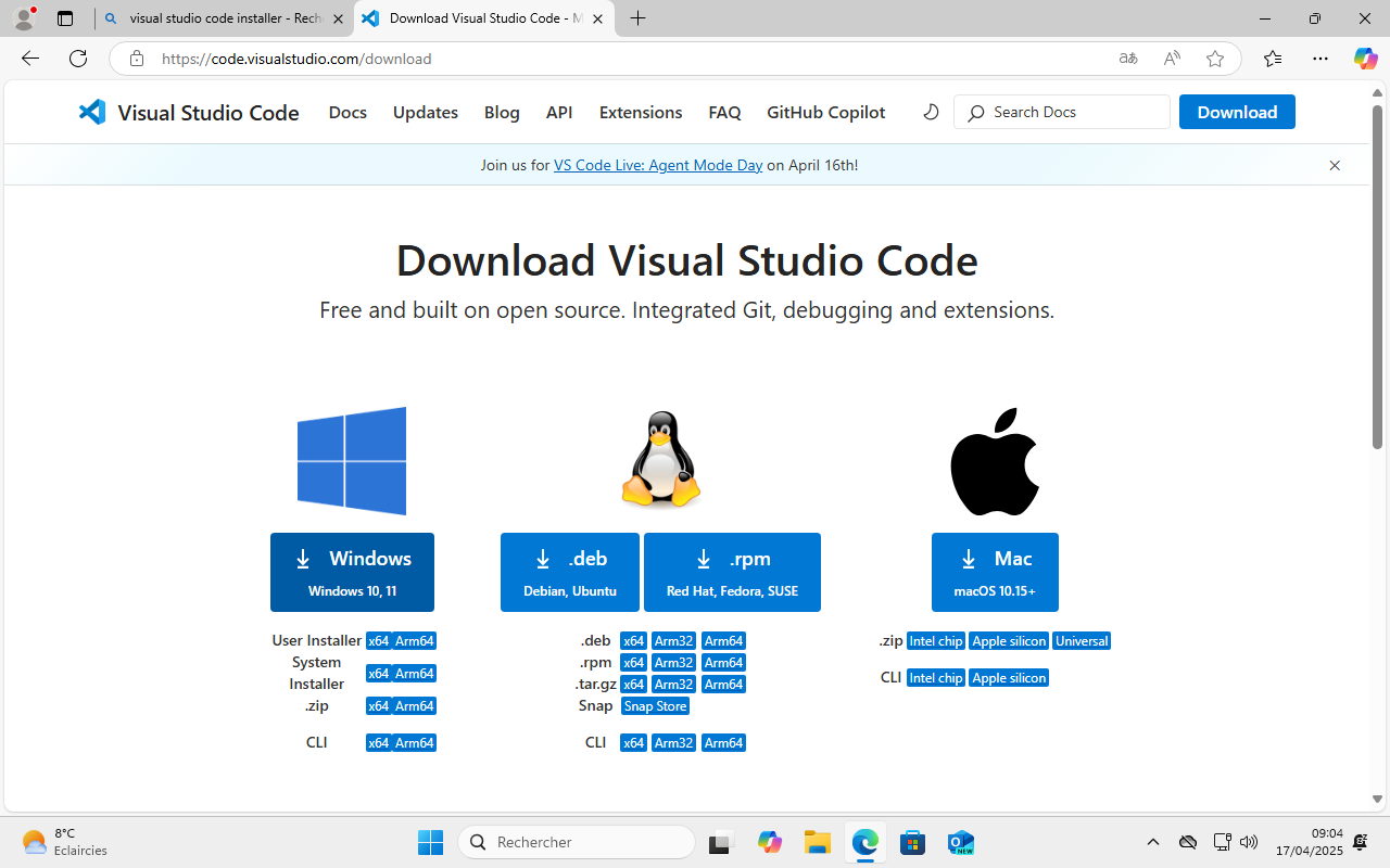 Installation windows : téléchargement de VSCode