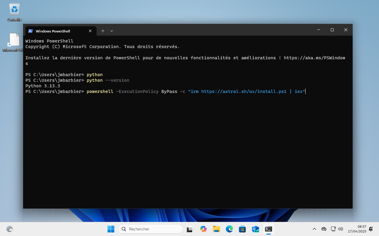 Installation windows : lancement de la commande